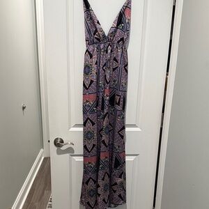100% silk Bohemian Maxi jumpsuit with Geometric Print
